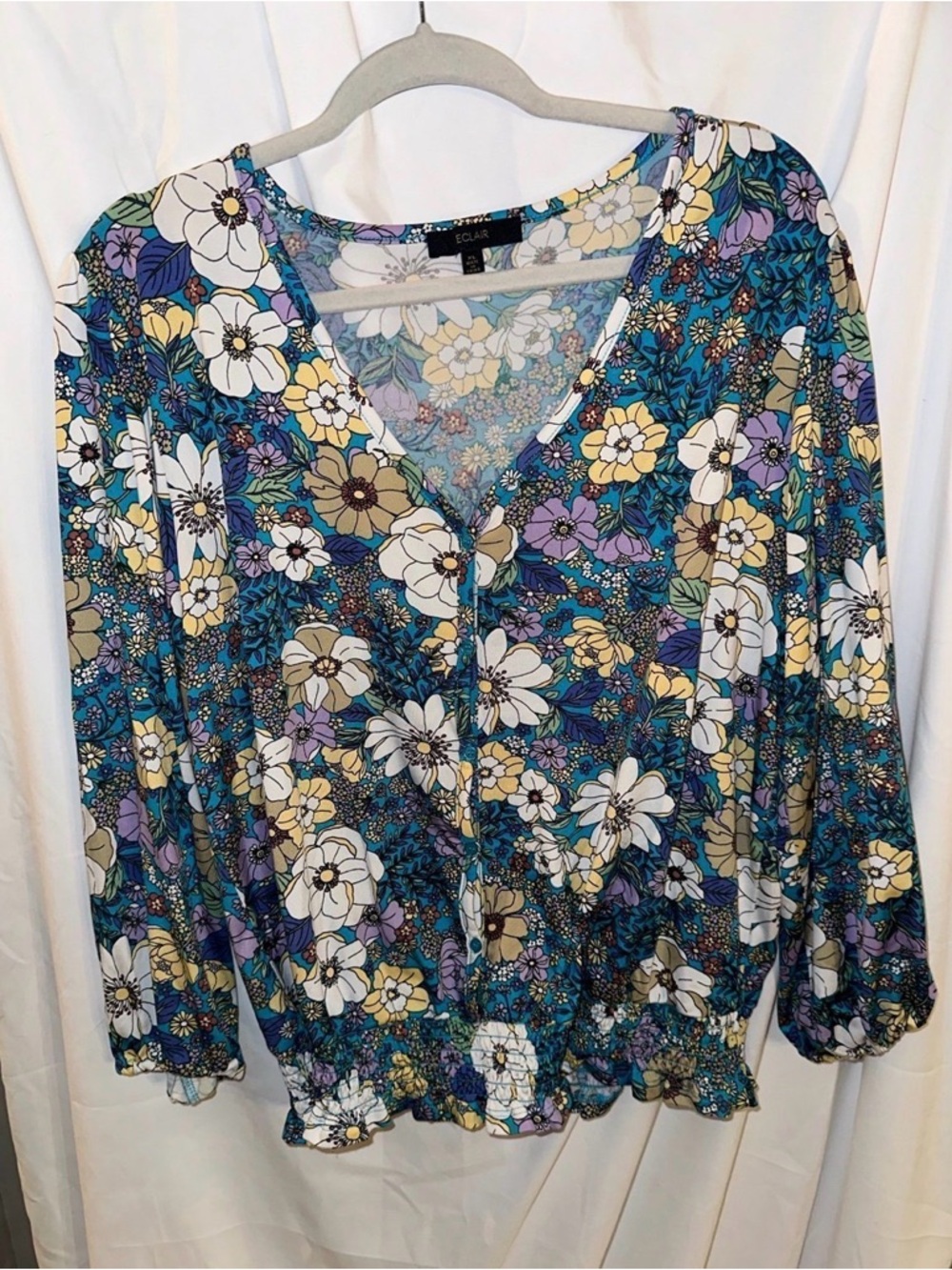 Floral V-Neck Button Front Blouse - Teal Multi